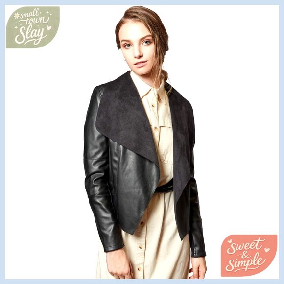 Faux Leather Blazer Jacket Slim Fit Open Front Lapel Double Pockets